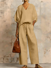 Womens Loose Solid-Colored V-Neck Half-Sleeve Top And Wide-Leg Pants Set