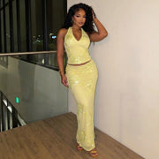 Womens Fashion Halterneck Backless Long Dress Set