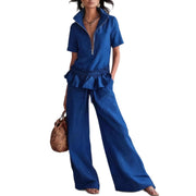 Solid-color Womens Wide-leg Trousers And Shirt Set