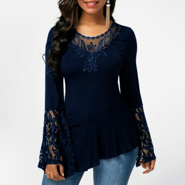 Women's Long Sleeve Lace Panel Irregular T-Shirt Top