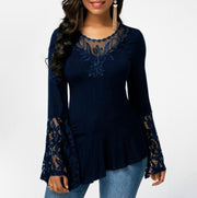Women's Long Sleeve Lace Panel Irregular T-Shirt Top