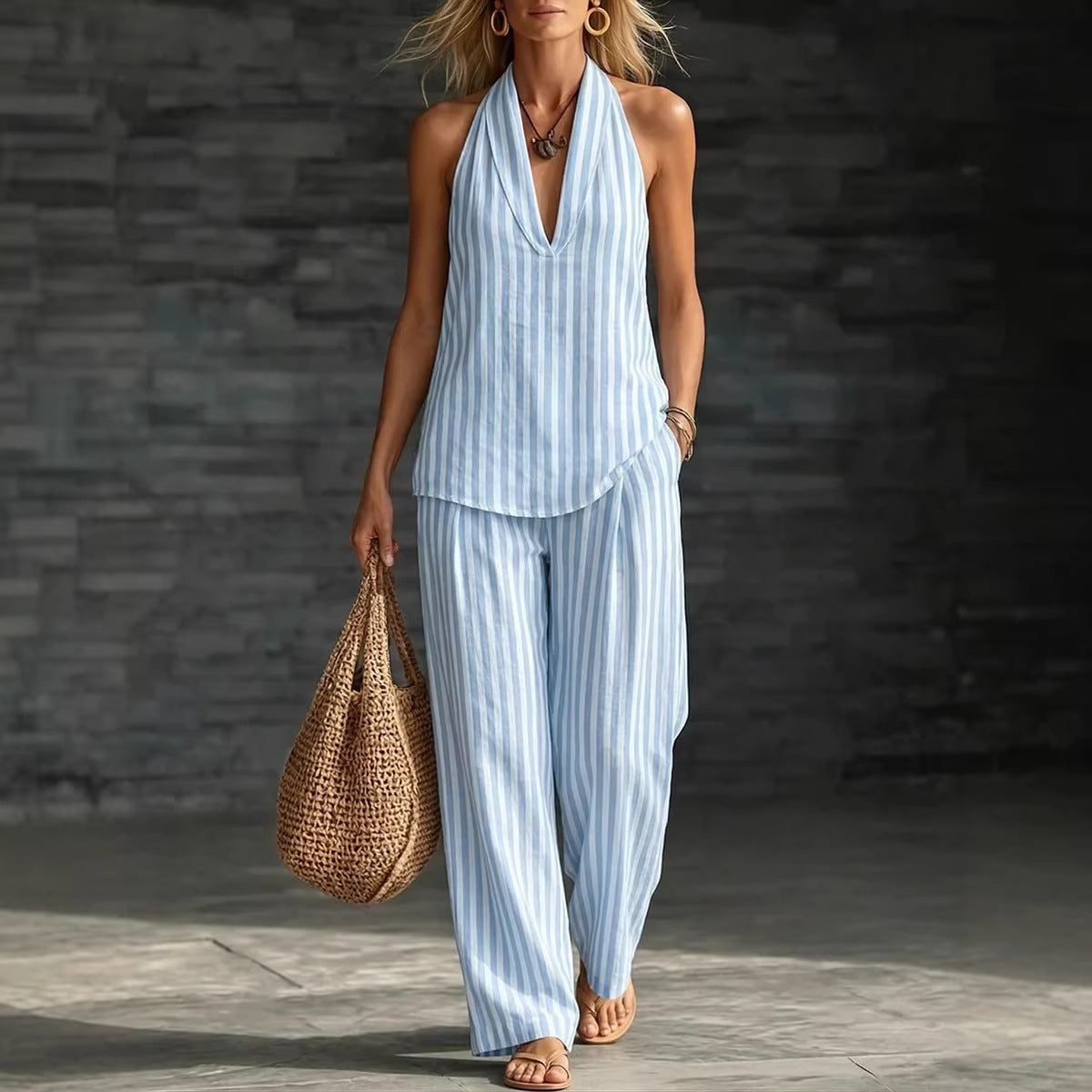 Striped Wide-leg Pants Womens Fashionable Two-piece Set