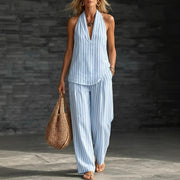 Striped Wide-leg Pants Womens Fashionable Two-piece Set