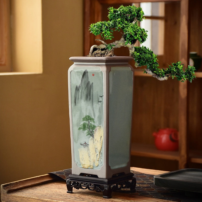 Chinese Hand-painted Square Straight Retro Purple Sand Flower Pot