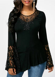 Women's Long Sleeve Lace Panel Irregular T-Shirt Top