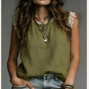 Womens Lace-Patchwork Crew-Neck Sleeveless Cotton-Linen Shirt