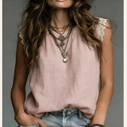 Womens Lace-Patchwork Crew-Neck Sleeveless Cotton-Linen Shirt