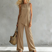 Womens Suit Asymmetric Hem Sleeveless Top And Trousers