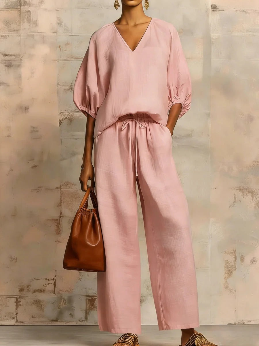 Womens Loose Solid-Colored V-Neck Half-Sleeve Top And Wide-Leg Pants Set
