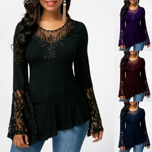 Women's Long Sleeve Lace Panel Irregular T-Shirt Top