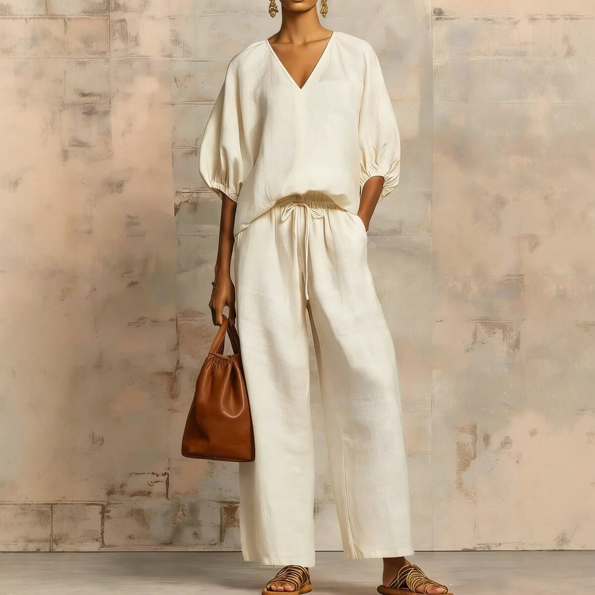 Womens Loose Solid-Colored V-Neck Half-Sleeve Top And Wide-Leg Pants Set
