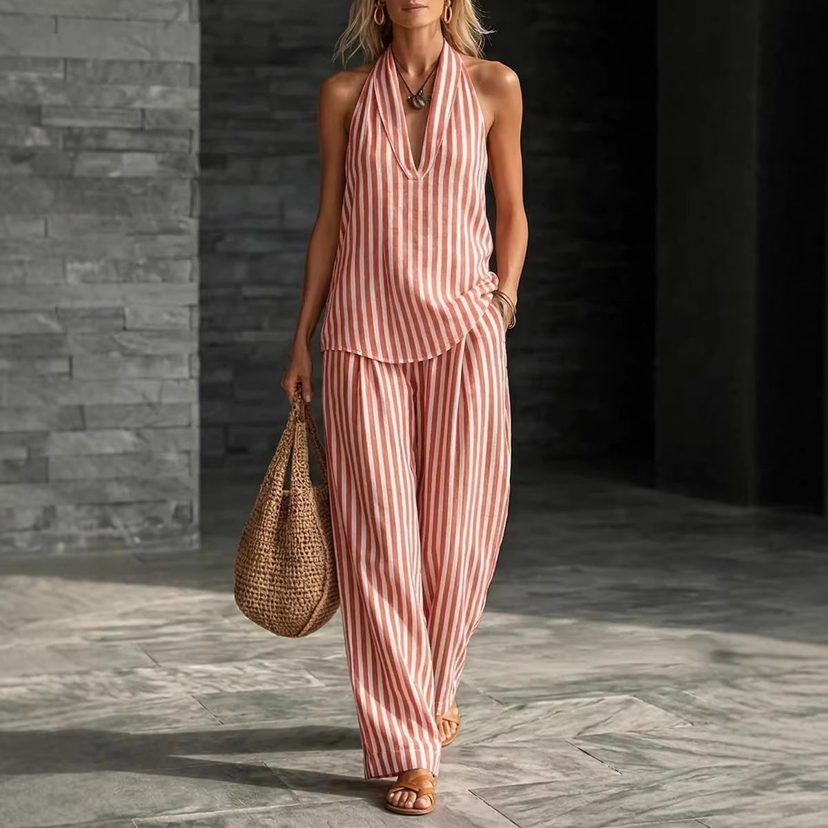 Striped Wide-leg Pants Womens Fashionable Two-piece Set