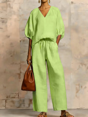 Womens Loose Solid-Colored V-Neck Half-Sleeve Top And Wide-Leg Pants Set