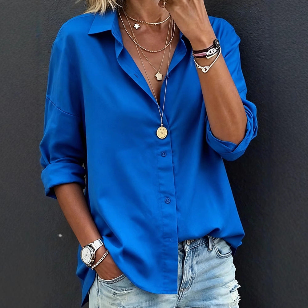 Women's Casual Loose Fashion Solid Color Long-Sleeve Lapel Shirt