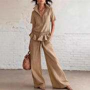 Solid-color Womens Wide-leg Trousers And Shirt Set