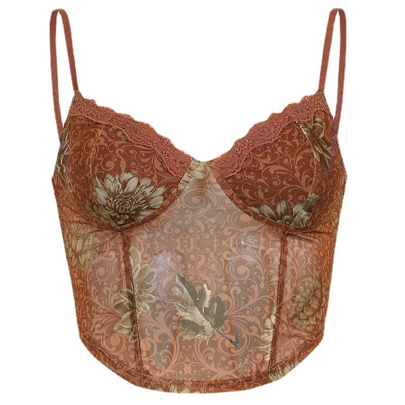 Women's Cropped Sleeveless Lace Splicing Sling Vest