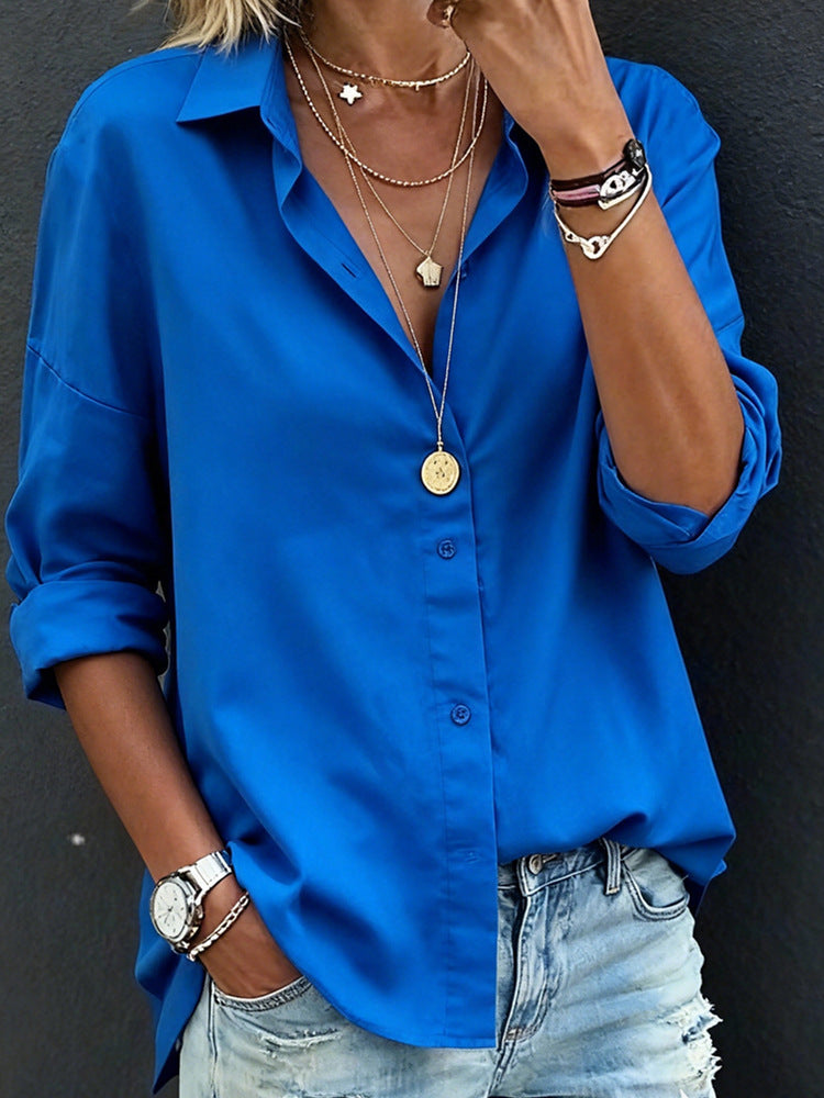 Women's Casual Loose Fashion Solid Color Long-Sleeve Lapel Shirt