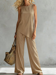 Womens Suit Asymmetric Hem Sleeveless Top And Trousers