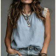Womens Lace-Patchwork Crew-Neck Sleeveless Cotton-Linen Shirt
