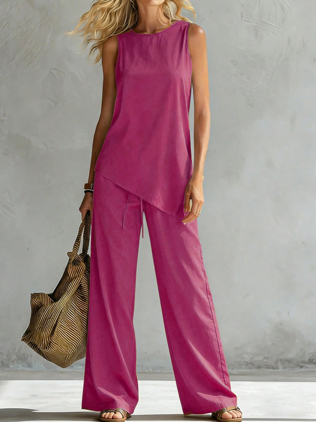 Womens Suit Asymmetric Hem Sleeveless Top And Trousers