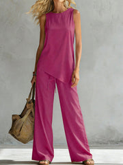 Womens Suit Asymmetric Hem Sleeveless Top And Trousers