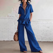 Solid-color Womens Wide-leg Trousers And Shirt Set