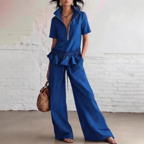 Solid-color Womens Wide-leg Trousers And Shirt Set