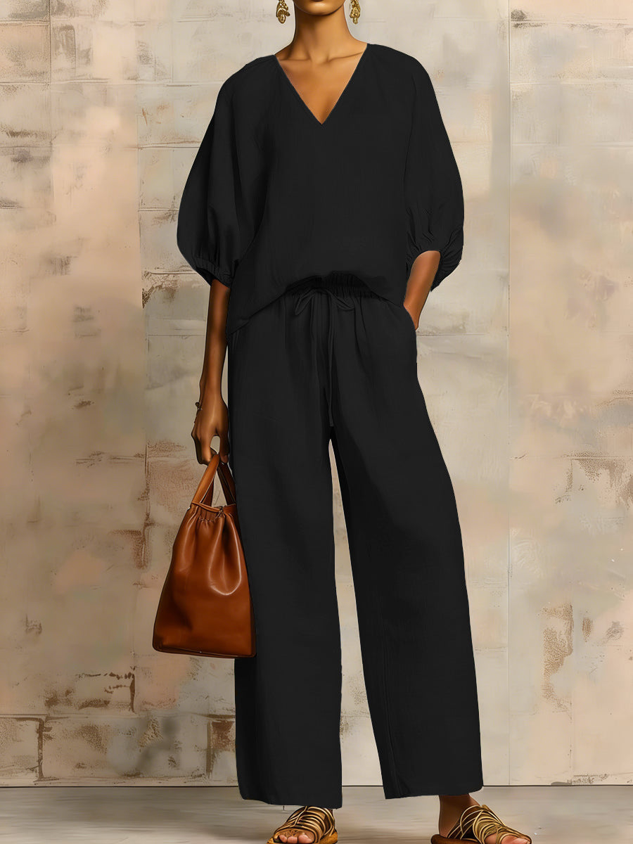 Womens Loose Solid-Colored V-Neck Half-Sleeve Top And Wide-Leg Pants Set