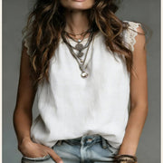 Womens Lace-Patchwork Crew-Neck Sleeveless Cotton-Linen Shirt