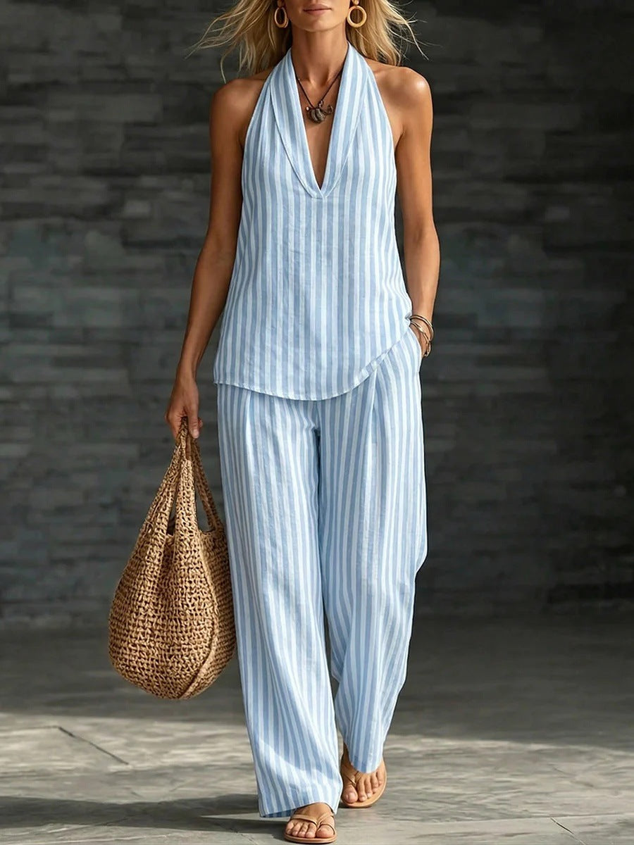 Striped Wide-leg Pants Womens Fashionable Two-piece Set