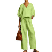 Womens Loose Solid-Colored V-Neck Half-Sleeve Top And Wide-Leg Pants Set