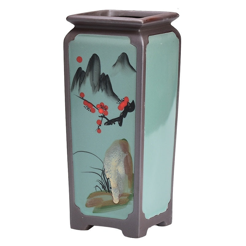 Chinese Hand-painted Square Straight Retro Purple Sand Flower Pot