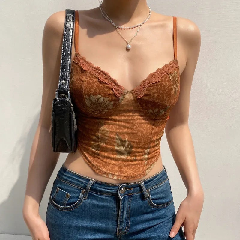 Women's Cropped Sleeveless Lace Splicing Sling Vest