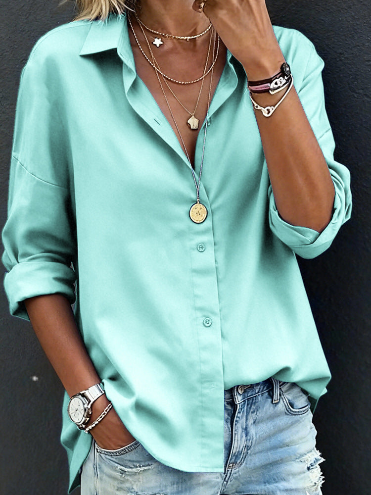 Women's Casual Loose Fashion Solid Color Long-Sleeve Lapel Shirt