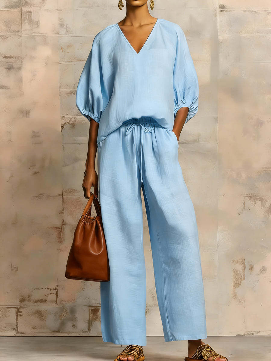 Womens Loose Solid-Colored V-Neck Half-Sleeve Top And Wide-Leg Pants Set