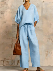 Womens Loose Solid-Colored V-Neck Half-Sleeve Top And Wide-Leg Pants Set