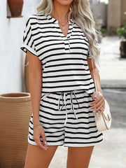 Round Neck Patchwork Stripes Short Sleeve All-matching