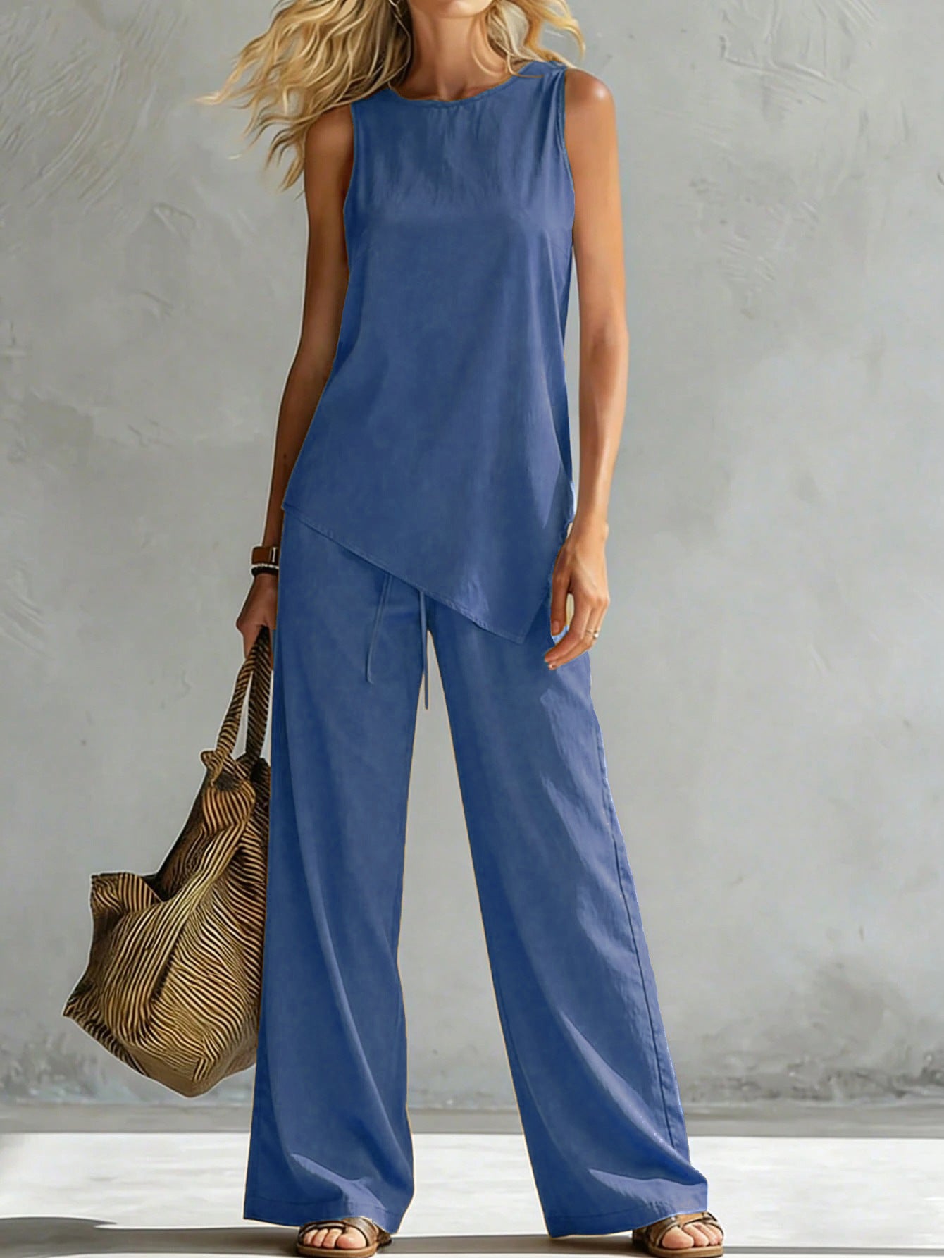 Womens Suit Asymmetric Hem Sleeveless Top And Trousers