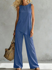 Womens Suit Asymmetric Hem Sleeveless Top And Trousers