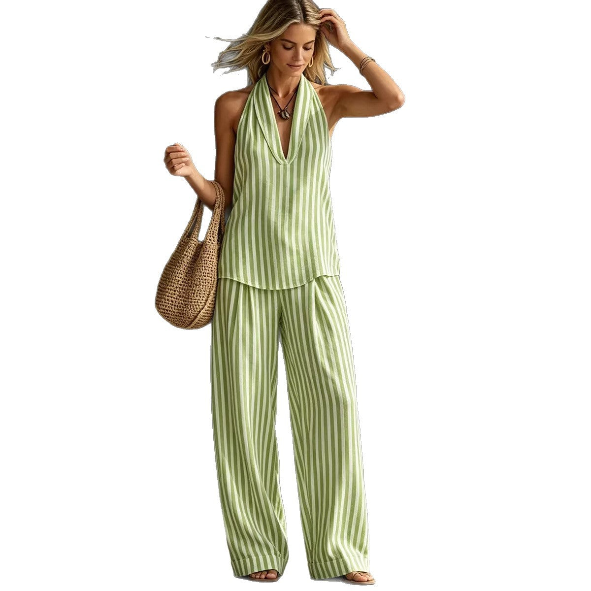Striped Wide-leg Pants Womens Fashionable Two-piece Set