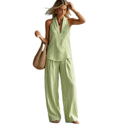 Striped Wide-leg Pants Womens Fashionable Two-piece Set
