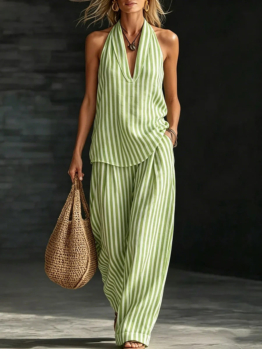 Striped Wide-leg Pants Womens Fashionable Two-piece Set