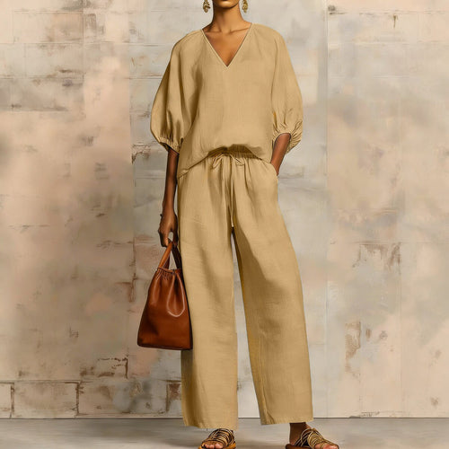 Womens Loose Solid-Colored V-Neck Half-Sleeve Top And Wide-Leg Pants Set