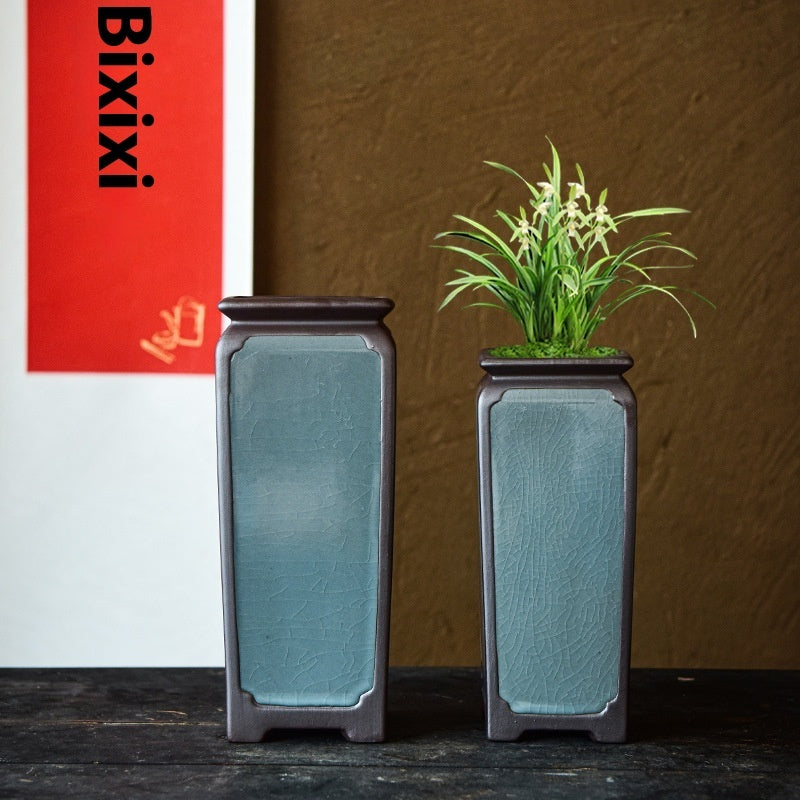 Chinese Hand-painted Square Straight Retro Purple Sand Flower Pot