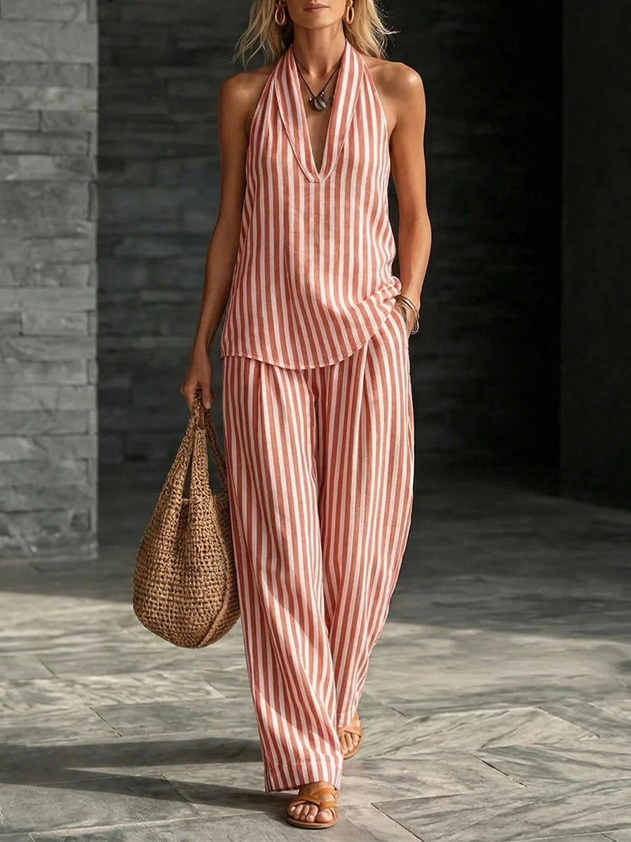 Striped Wide-leg Pants Womens Fashionable Two-piece Set