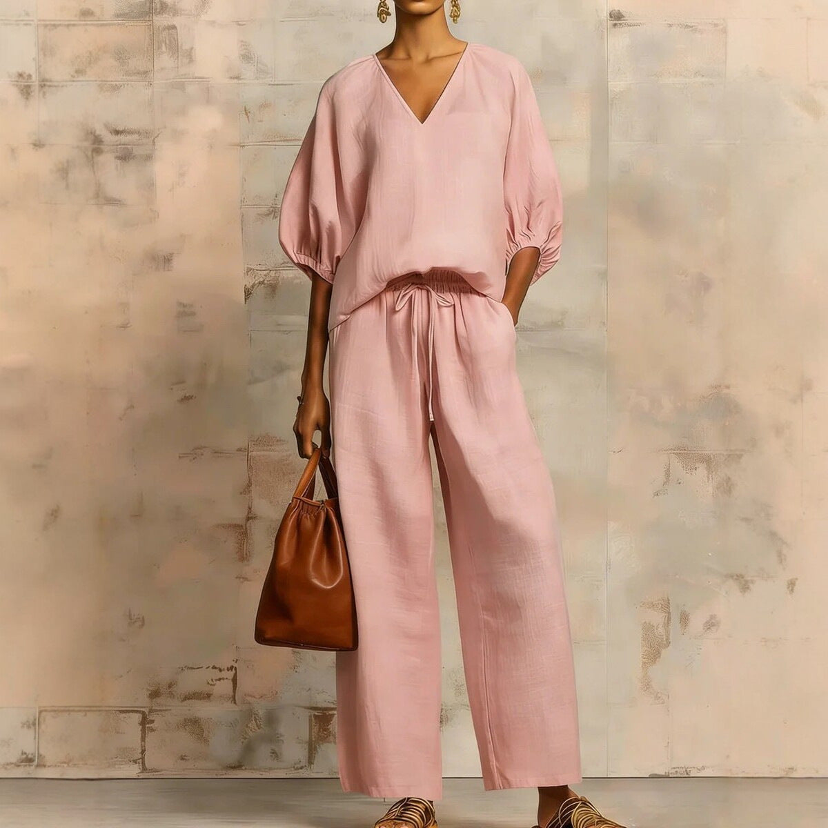 Womens Loose Solid-Colored V-Neck Half-Sleeve Top And Wide-Leg Pants Set