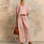 Womens Loose Solid-Colored V-Neck Half-Sleeve Top And Wide-Leg Pants Set