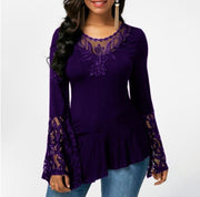 Women's Long Sleeve Lace Panel Irregular T-Shirt Top