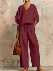 Womens Loose Solid-Colored V-Neck Half-Sleeve Top And Wide-Leg Pants Set