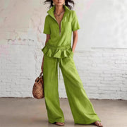 Solid-color Womens Wide-leg Trousers And Shirt Set